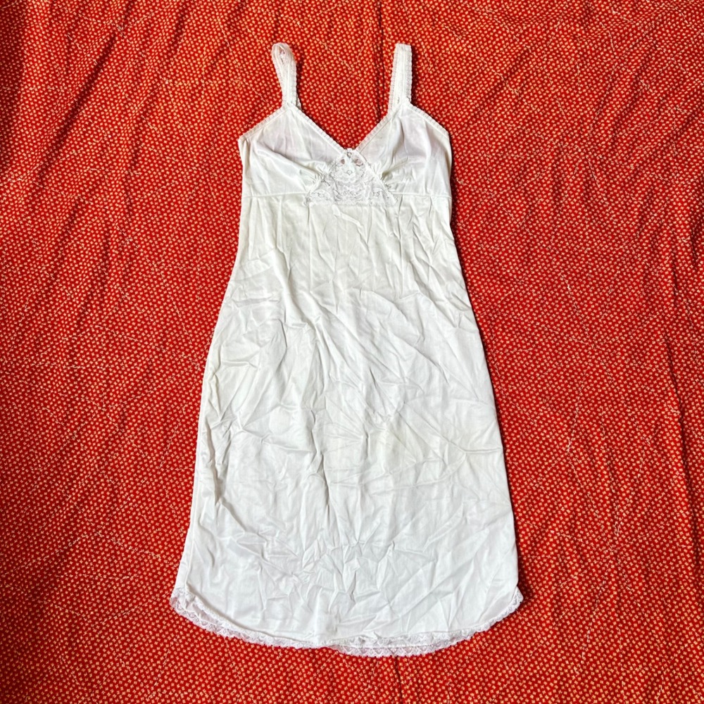 Vintage 70s White Lace Trim Full Slip Nightgown Lingerie Dress 10/32 Made in USA